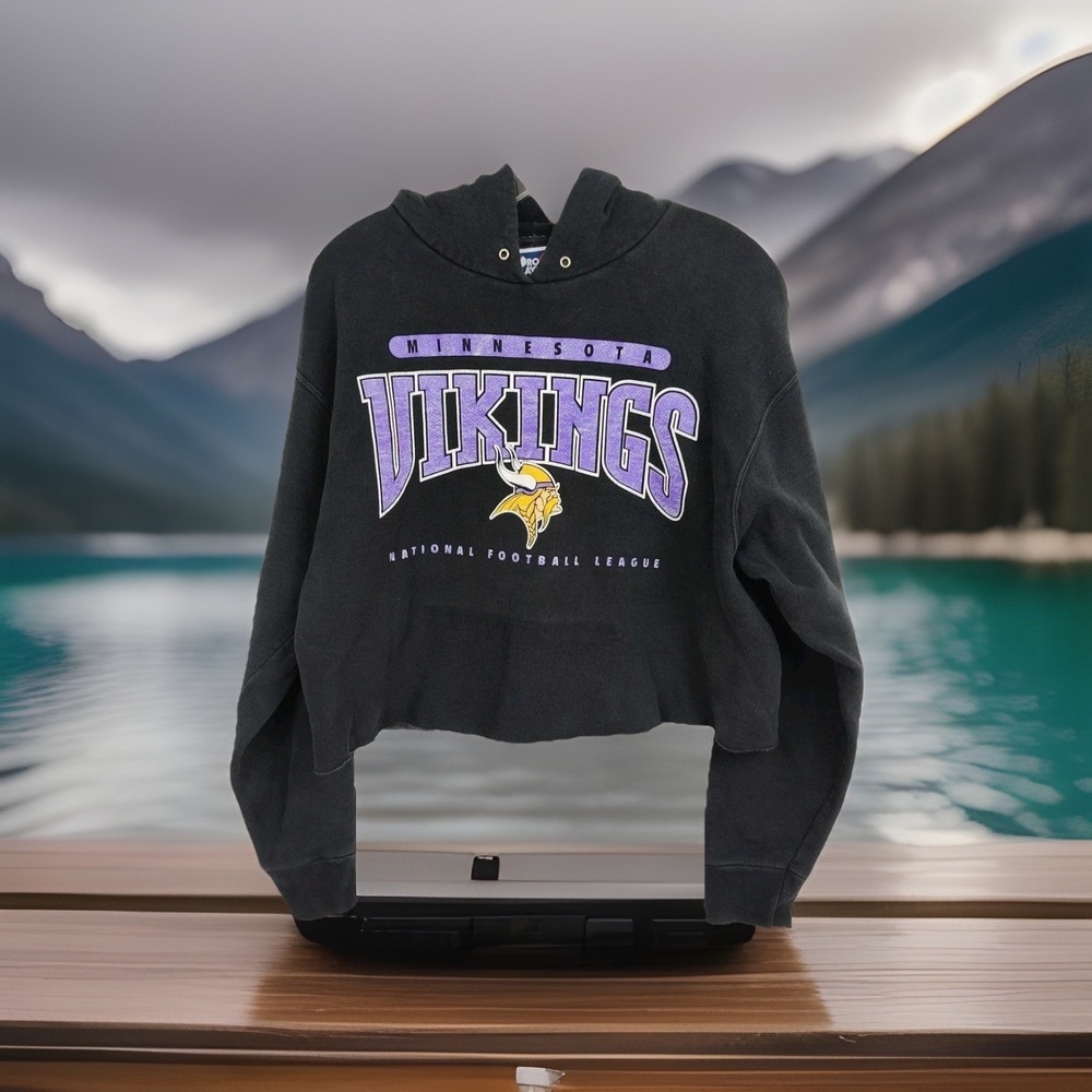 VTG ProPlayer MN Vikings Hoodie Sweatshirt Women's L Black Cut-Off Graphic Print
